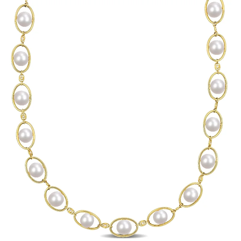 statement gold necklace -Miadora 8-8.5mm Cultured Freshwater Pearl and 1/3ct TGW Cubic Zirconia Halo Yellow Silver