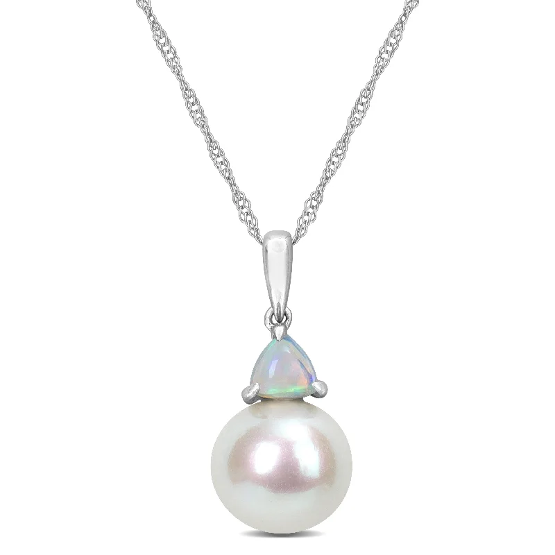 simple pendant with engraving -Miadora 8-8.5mm Cultured Freshwater Pearl and 3/8ct TGW Ethiopian Opal Pendant with Chain in 10k White Gold - 19 mm x 8.5 mm