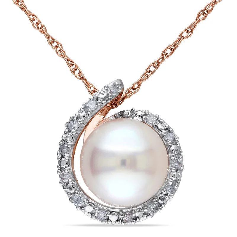 floral charm necklace -Miadora 8-8.5mm Cultured Freshwater Pearl and Diamond Swirl Halo 10k Rose Gold