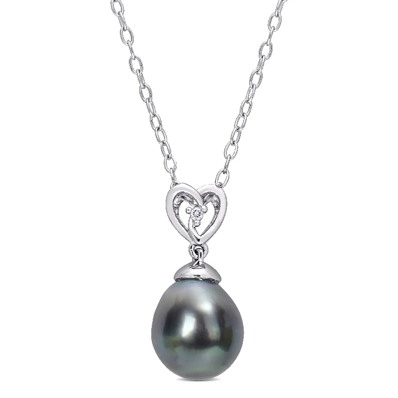 luxury heart pendant necklace -Miadora 8-9mm Black Tahitian Cultured Pearl and White Topaz Heart Drop Sterling Silver