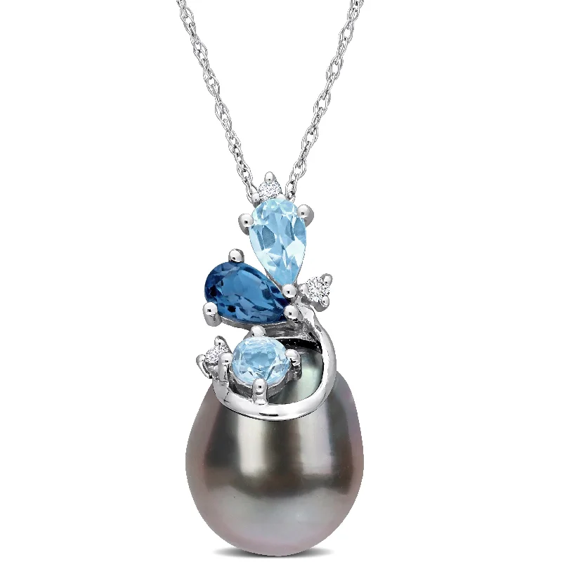 elegant chain necklace -Miadora 9-10mm Black Tahitian Cultured Pearl 5/8 ct TGW Blue Topaz London and Blue Topaz Sky with Diamond Accent 14k White Gold