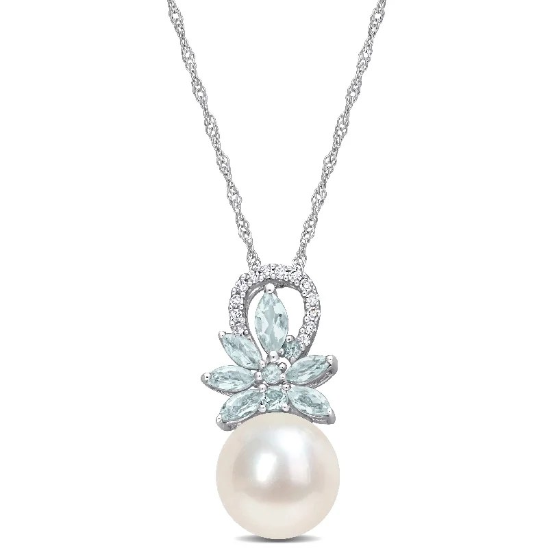 matching pendant necklace for couples -Miadora 9.5-10mm Cultured Freshwater Pearl and 1/3 ct TGW Aquamarine and Diamond Accent Flower 14k White Gold