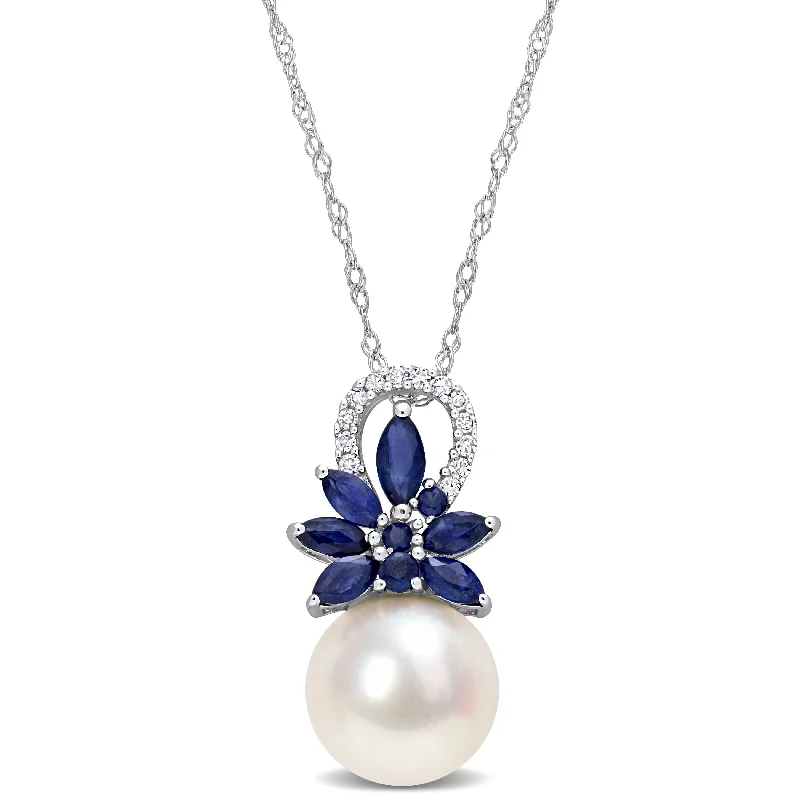 minimalist heart pendant necklace -Miadora 9.5-10mm Cultured Freshwater Pearl and 3/8 ct TGW Sapphire and Diamond Accent Flower 14k White Gold