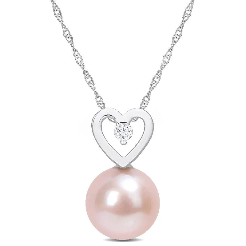 boho charm pendant necklace -Miadora 9.5-10mm Pink Cultured Freshwater Pearl and Diamond Accent Heart Drop 10k White Gold