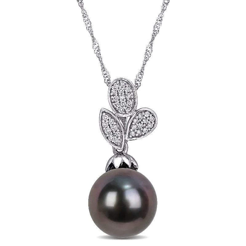 unique pendant for birthday gift -Miadora 9-9.5mm Black Tahitian Cultured Pearl and 1/10 ct TW Diamond Leaf Drop 10k White Gold