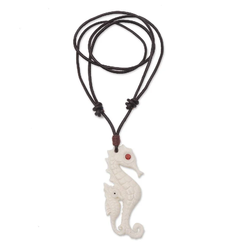 stylish moon pendant necklace -NOVICA Caring Seahorse, Bone and garnet pendant necklace - 18" min L - x 27.5" max L