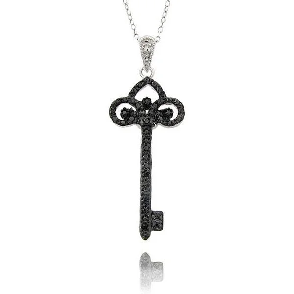 trendy necklace with pendant -Sterling Silver Black Diamond Accent Key Necklace