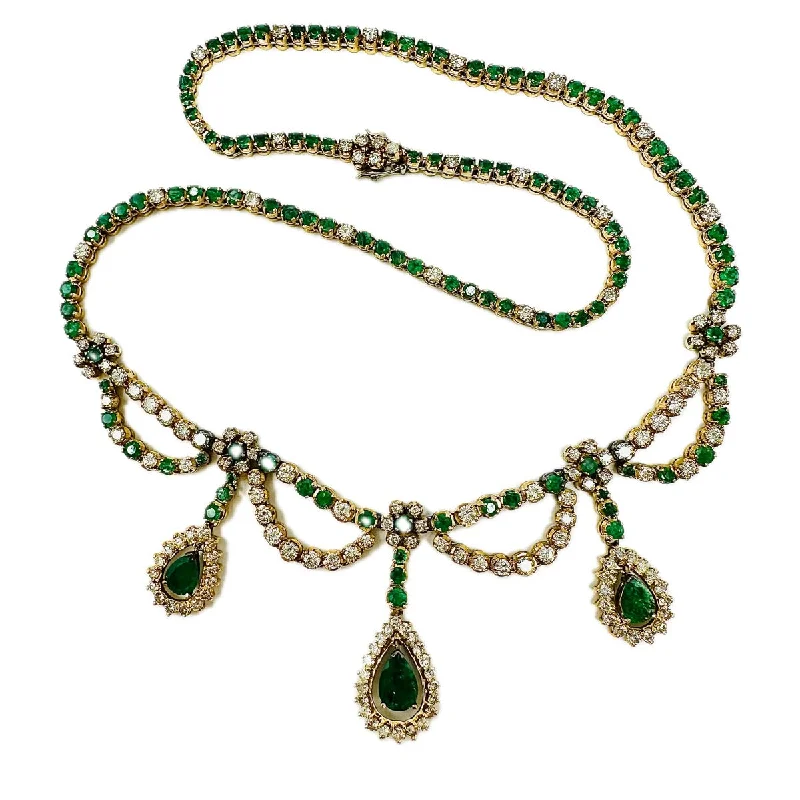 elegant silver necklace for women -18K Gold Diamond and Emerald Necklace with 3 Halo Dangles