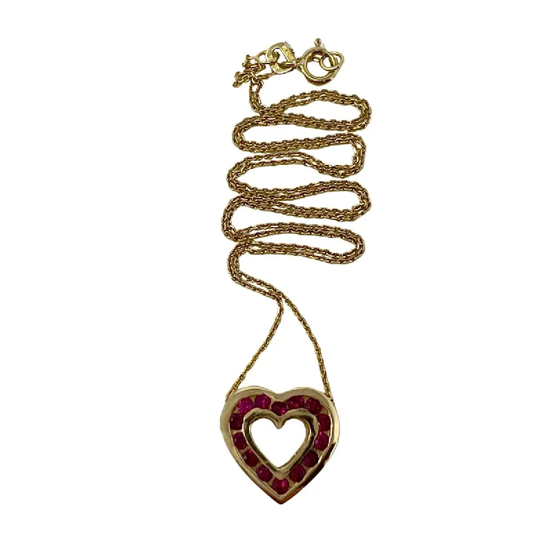 layered gemstone necklace -18K Gold Necklace with Heart Shaped Double Sided Pendant and  Diamonds and Ruby