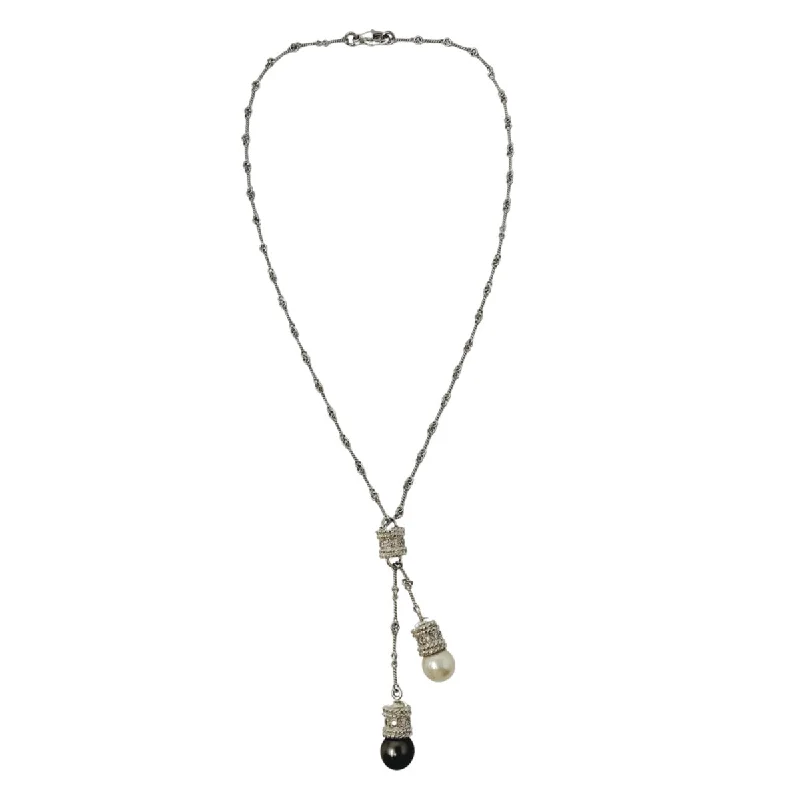 modern pendant with gemstone -18K White Gold Lariat Necklace with Tahitian Pearl and Diamonds