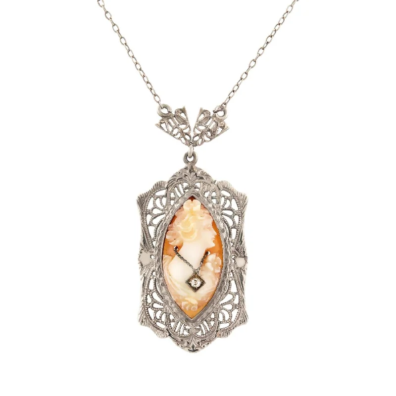 sparkling pendant necklace for wedding -Art Deco 14k Diamond Cameo Necklace