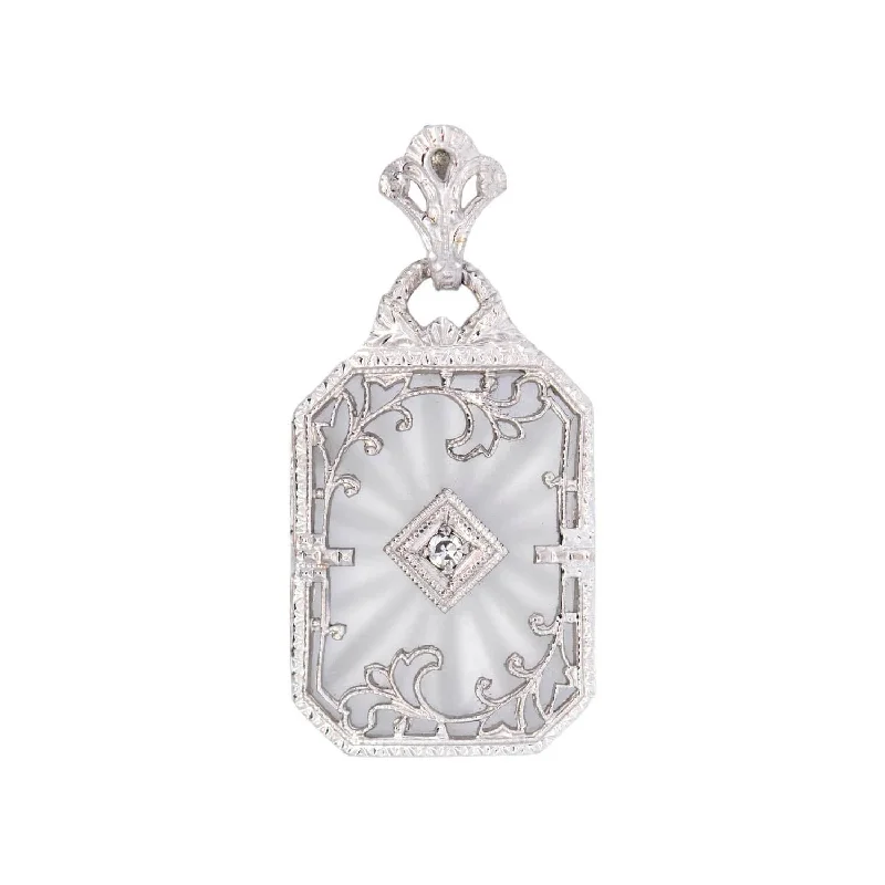 long gemstone necklace -Art Deco 14k White Gold Diamond and Carved Rock Quartz Filigree Pendant