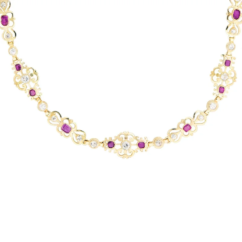 celestial gold necklace -Art Deco Austrian 18k Diamond and Ruby Scrolling Panel Link Necklace