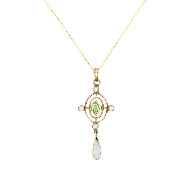 elegant layered necklace -Art Nouveau 10k Lavalier Peridot, Moonstone, and Pearl Necklace