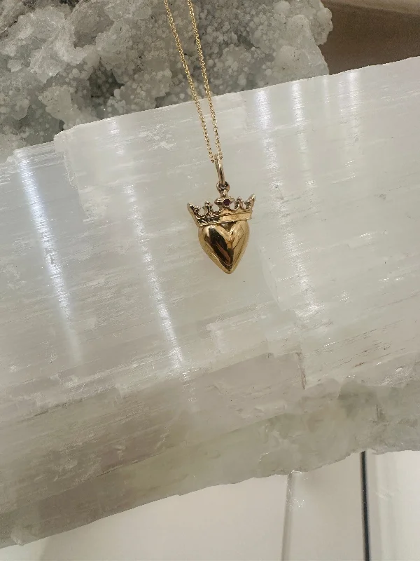 gold heart charm necklace -CROWNED HEART PENDANT