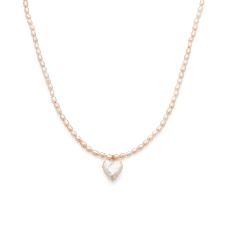 geometric silver necklace for women -Heart Pearl Necklace | Pink Satin Pearl