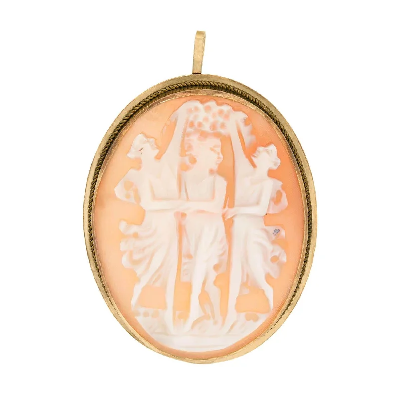 gold charm necklace for women -Late Victorian 14k Shell Cameo Three Grace Pin/Pendant