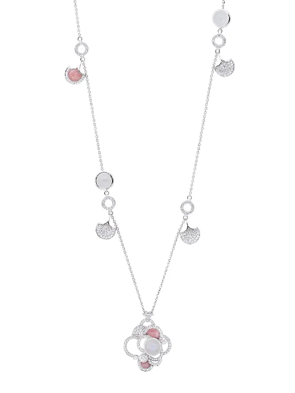 sleek silver pendant for necklace -Raindrop Moonstone and Pink Opal Long Necklace