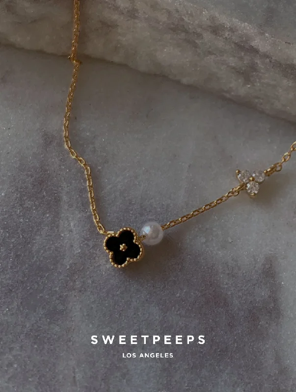 dainty necklace with pendant -Sloane Tiny Black Clover Necklace