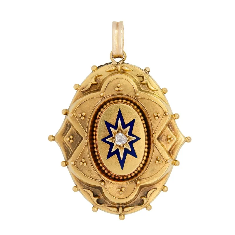 unique pendant necklace for women -Victorian 15k Diamond Enameled Etruscan Plaque Locket Pendant