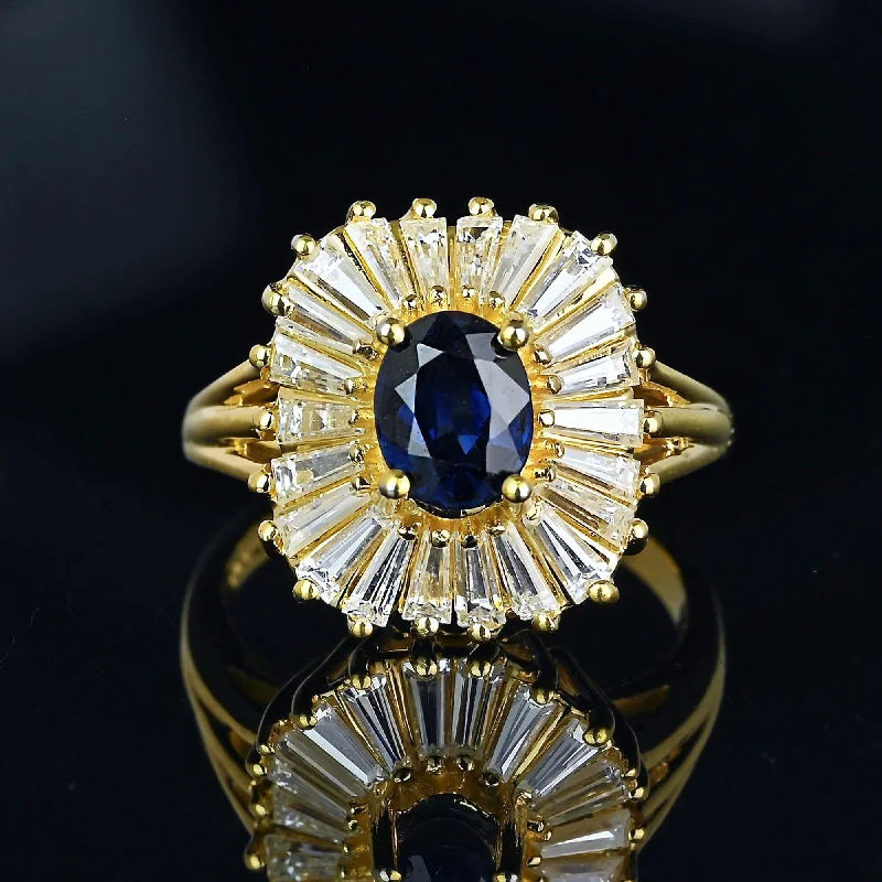 diamond rings with intricate settings for brides -14K Gold Sapphire 1.5 CTW Baguette Diamond Ballerina Ring