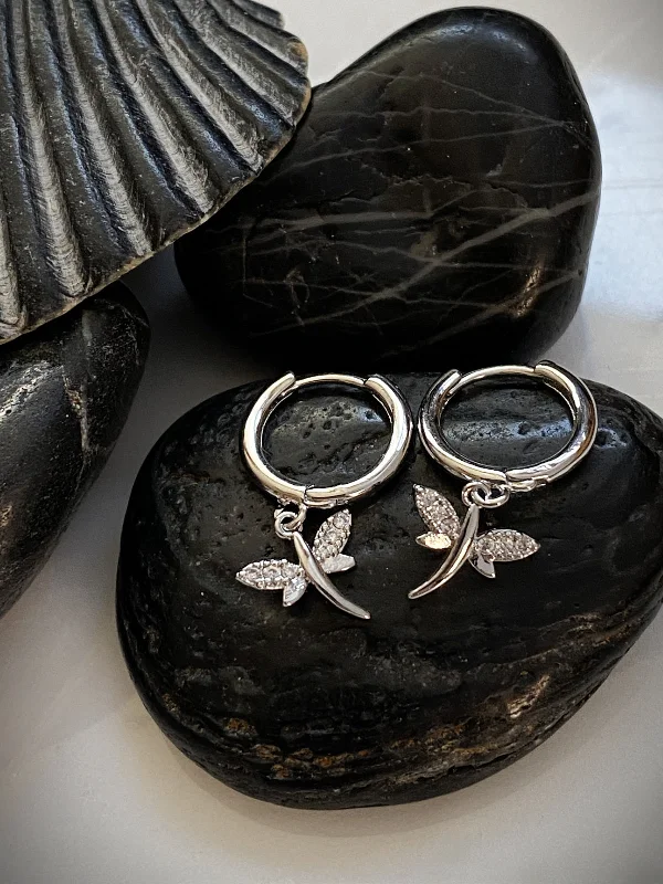 luxurious platinum earrings for weddings-CZ Dragonfly Huggie Hoops