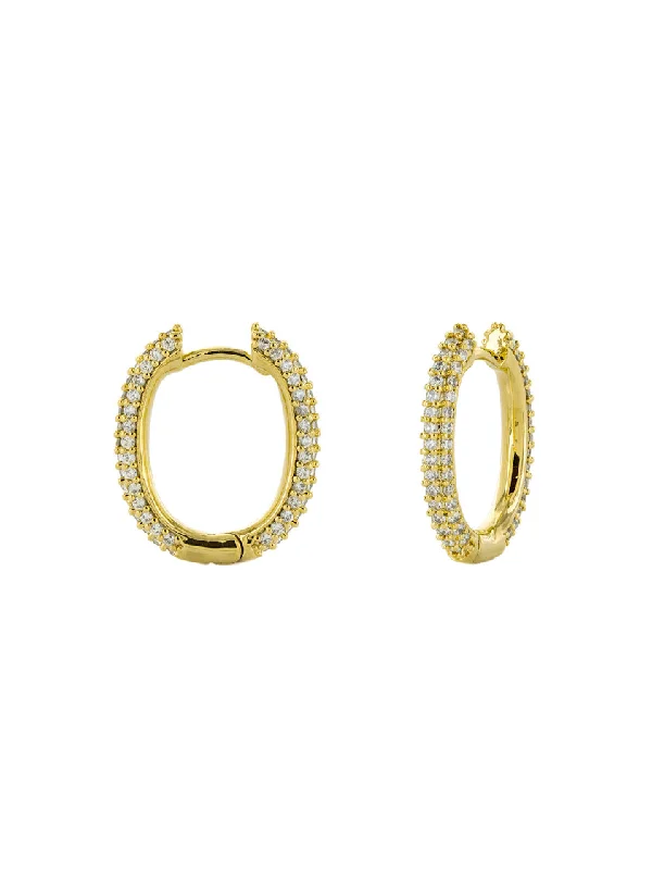 glamorous long chandelier earrings for evening events-Pave CZ Oval Huggie Hoops