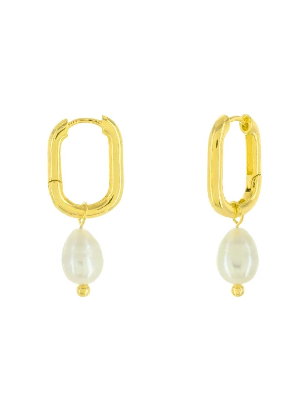 elegant crystal earrings for evening wear-Pearl Drop Oval Huggie Hoops