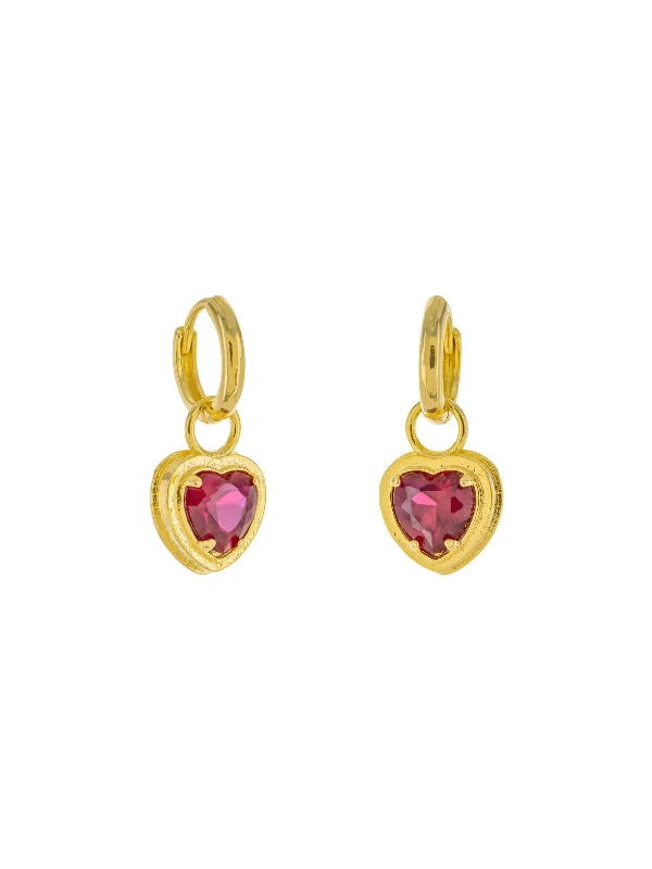 modern square earrings for a bold statement-Ruby CZ Heart Huggie Hoops