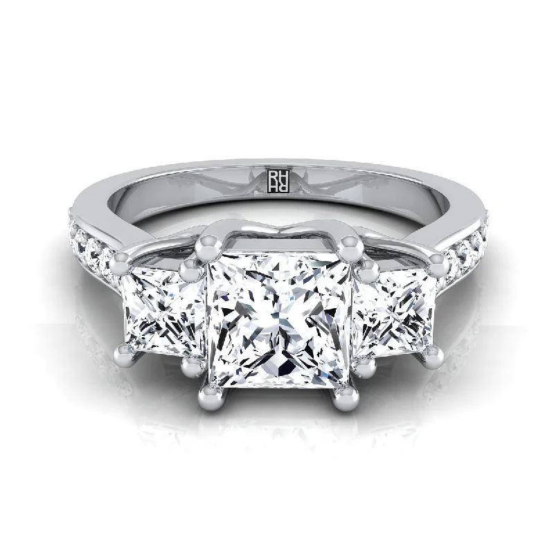 unique engagement rings with gemstone halos for elegance -18K White Gold Princess Cut Diamond Three Stone Classic with Channel French Pave Engagement Ring -3/4ctw