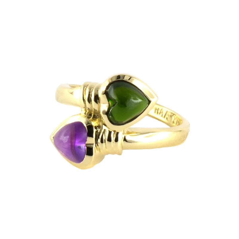 classic rings with diamond accents for wedding days -Green Tourmaline & Amethyst Heart Bypass Ring