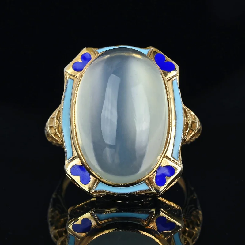 classic engagement rings with oval diamonds for elegance -Art Deco Blue Enamel 14K Gold Filigree Moonstone Ring