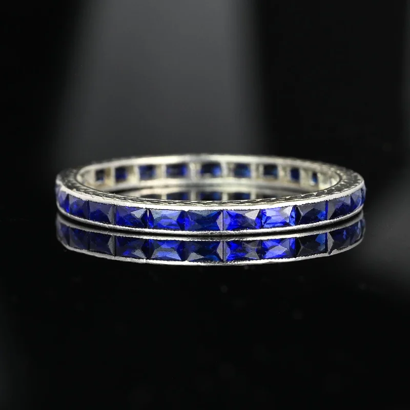 luxury wedding rings with diamonds and sapphires -Art Deco Platinum French Cut Sapphire Wedding Band Ring