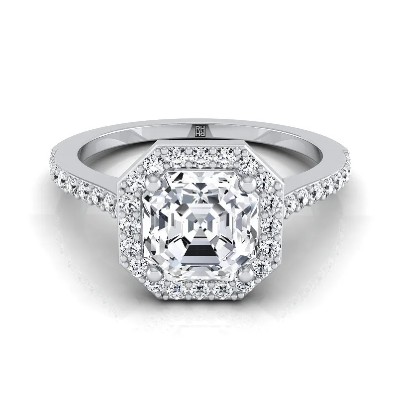 romantic engagement rings with vintage detailing -18K White Gold Asscher Cut Classic French Pave Diamond Halo and Linear Engagement Ring -1/3ctw