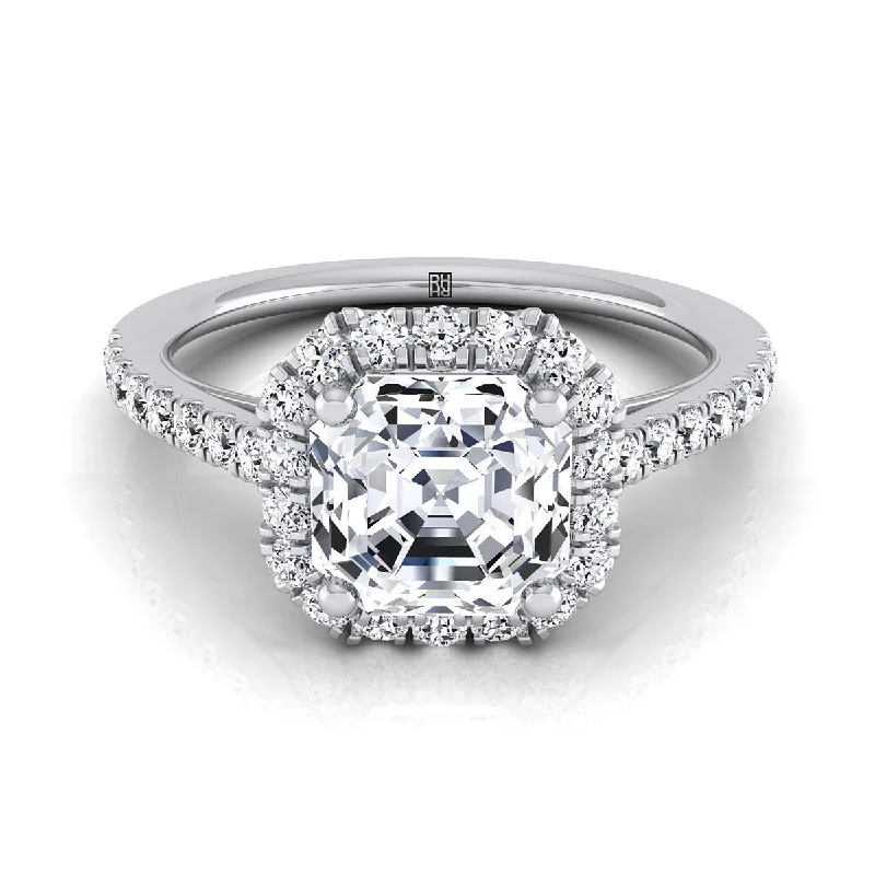 classic wedding bands with sleek designs -18K White Gold Asscher Cut Diamond Petite Halo French Pave Engagement Ring -3/8ctw