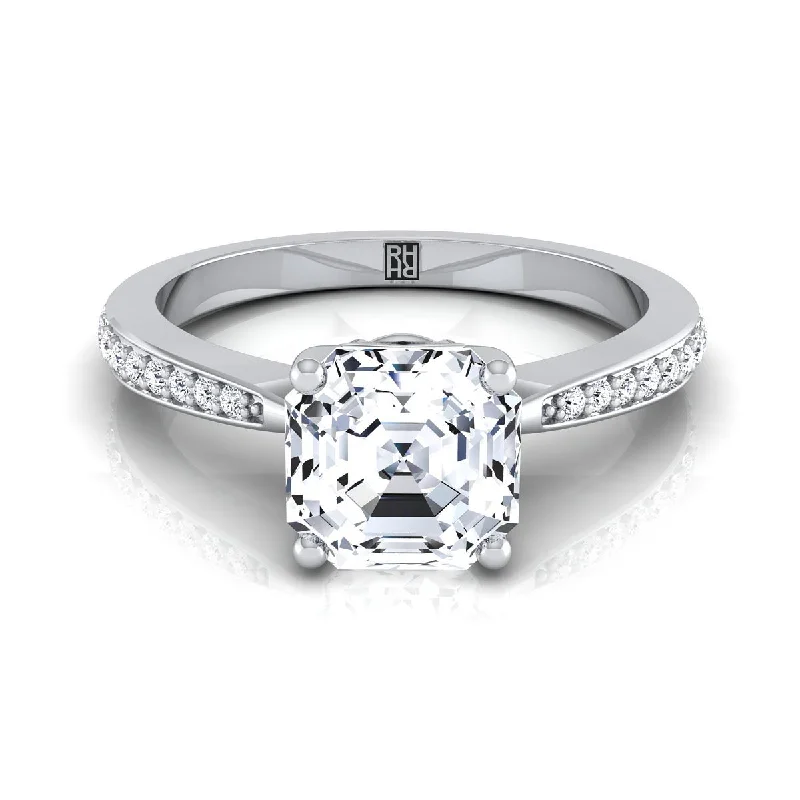 affordable engagement rings with radiant diamonds -18K White Gold Asscher Cut Diamond Tapered Pave Engagement Ring -1/8ctw