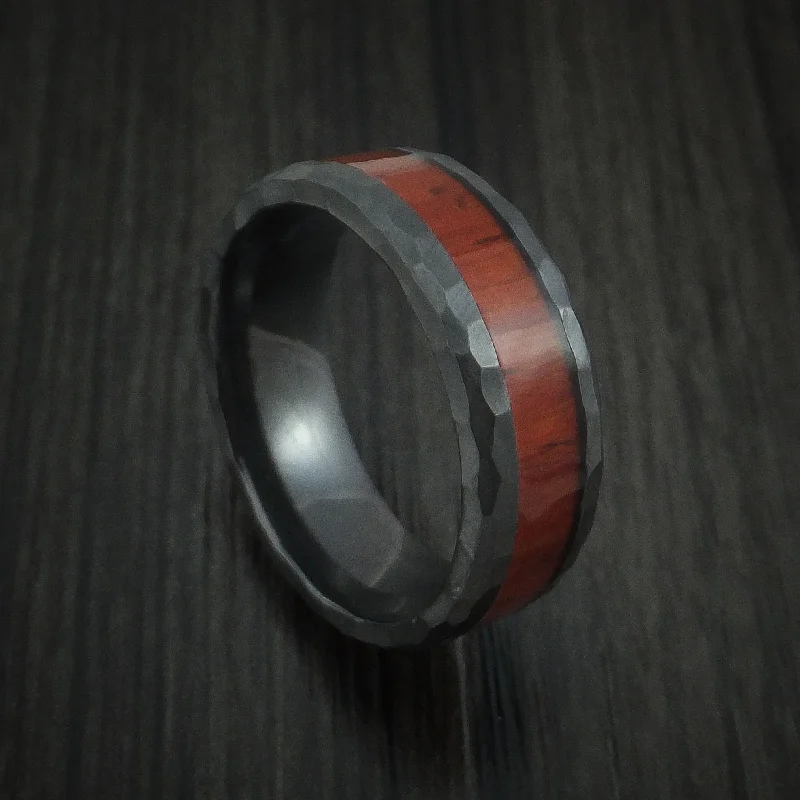 vintage wedding bands with diamond details -Black Zirconium Rock Hammered Padauk Hard Wood Men's Ring Custom Made Band