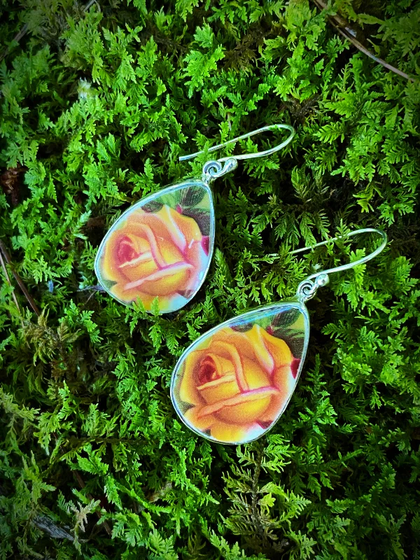 elegant teardrop earrings for evening events-Yellow Rose Ceramic Dangles