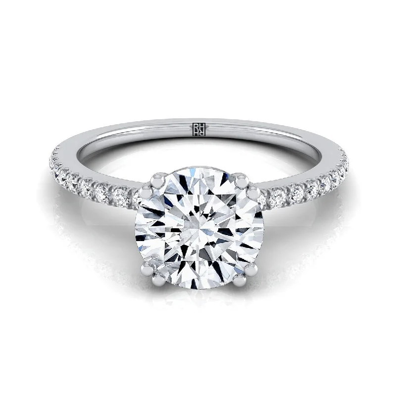 classic engagement rings with round diamonds for timeless elegance -18K White Gold Round Brilliant Diamond Simple French Pave Double Claw Prong Engagement Ring -1/6ctw