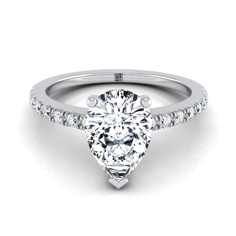 luxury rings with princess-cut diamonds for engagement -18K White Gold Pear Shape Center Simple Linear Diamond Pave Engagement Ring -1/5ctw