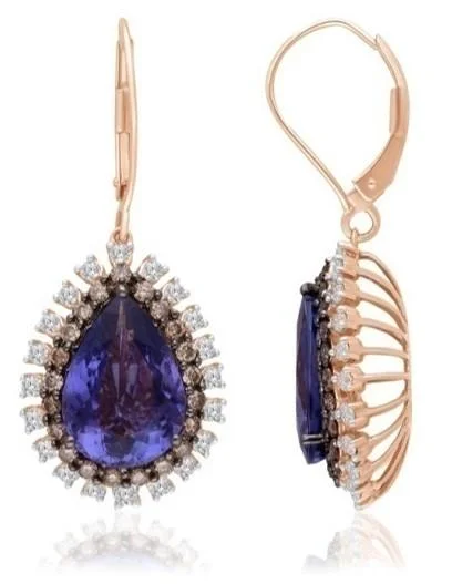 timeless drop earrings for brides-Rose Gold Coco, White diamond and Tanzanite Heirloom Earrings