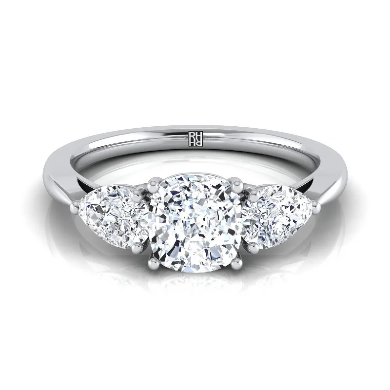 statement engagement rings with diamond centerpieces -18K White Gold Cushion Diamond Perfectly Matched Pear Shaped Three Diamond Engagement Ring -7/8ctw