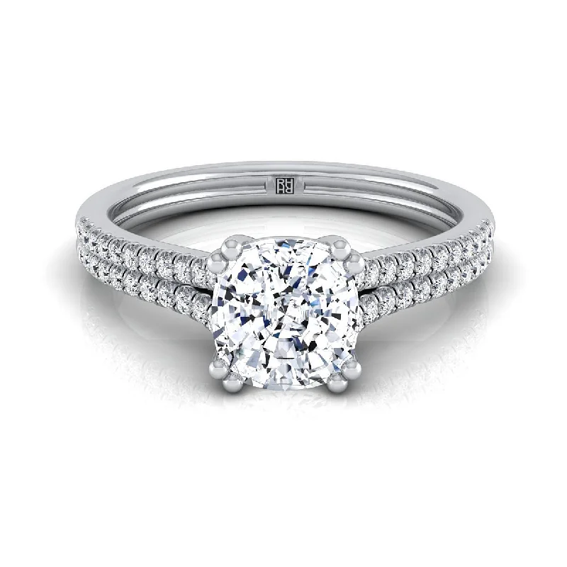 custom-designed engagement rings with unique metalwork -18K White Gold Cushion Diamond Double Row Double Prong French Pave Engagement Ring -1/6ctw