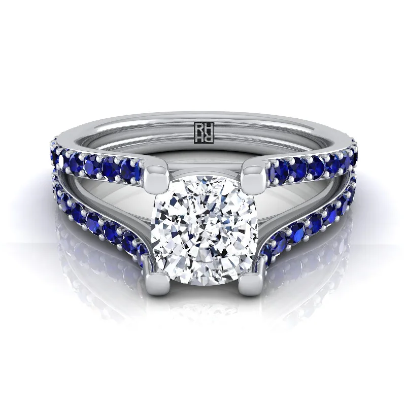 classic gold wedding rings with intricate designs -18K White Gold Cushion Prong Set Sapphire Split Shank Engagement Ring