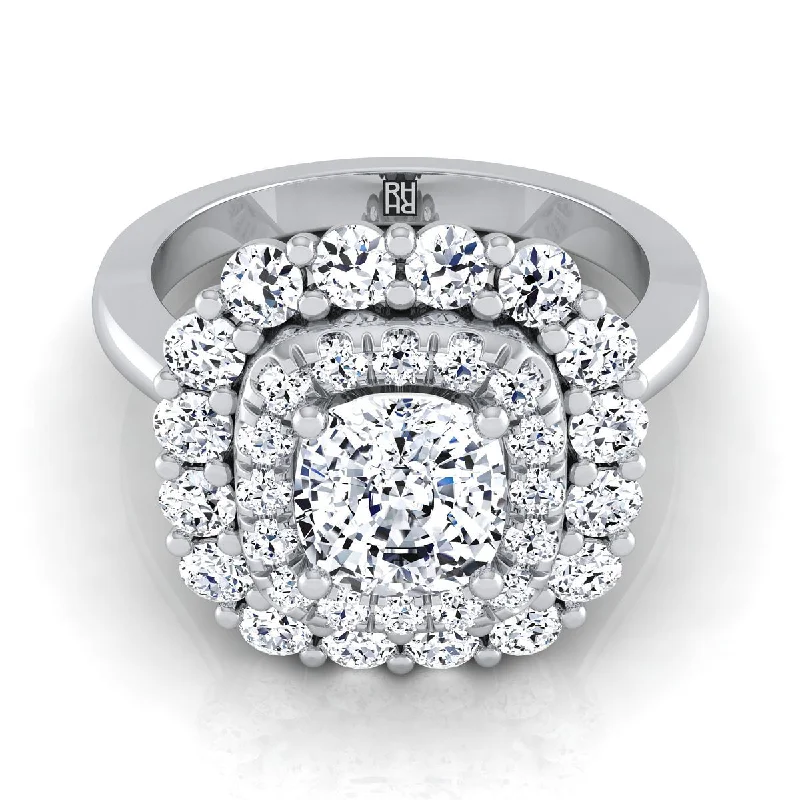 luxurious engagement rings with emerald-cut diamonds -18K White Gold Cushion Diamond Double Halo Floral Sunburst Engagement Ring -1ctw