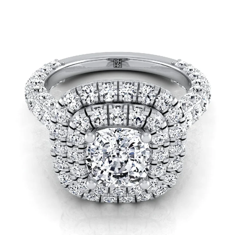 affordable diamond rings for engagements -18K White Gold Cushion Diamond Bold and Fancy Double Halo French Pave Engagement Ring -2ctw