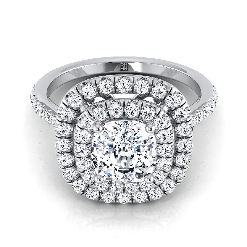 affordable engagement rings for brides with unique gemstones -18K White Gold Cushion Diamond Double Halo Scalloped Pavé Engagement Ring -1/2ctw