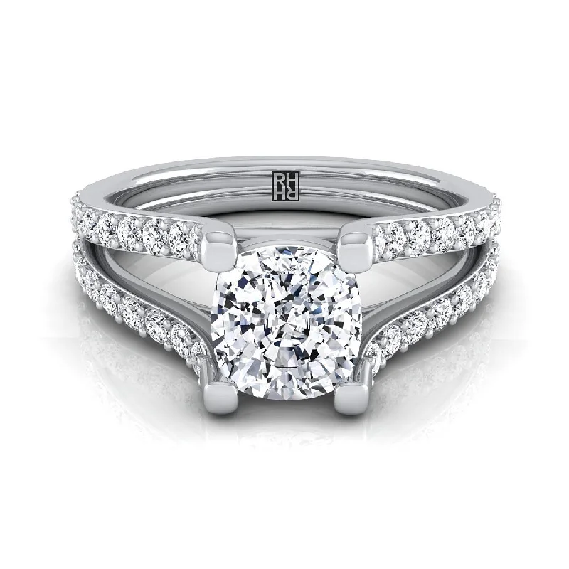 custom engagement rings with emerald-cut stones -18K White Gold Cushion Prong Set Sapphire Split Shank Engagement Ring