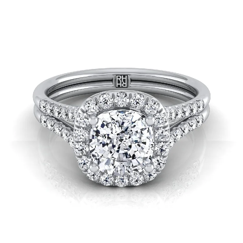 modern wedding bands with sleek finishes -18K White Gold Cushion French Pave Split Shank Halo Engagement Ring -3/8ctw