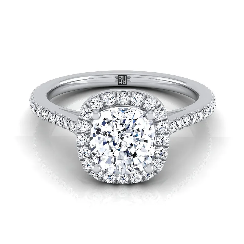 timeless engagement rings with solitaire gemstones -18K White Gold Cushion Classic French Pave Halo and Linear Engagement Ring -1/4ctw